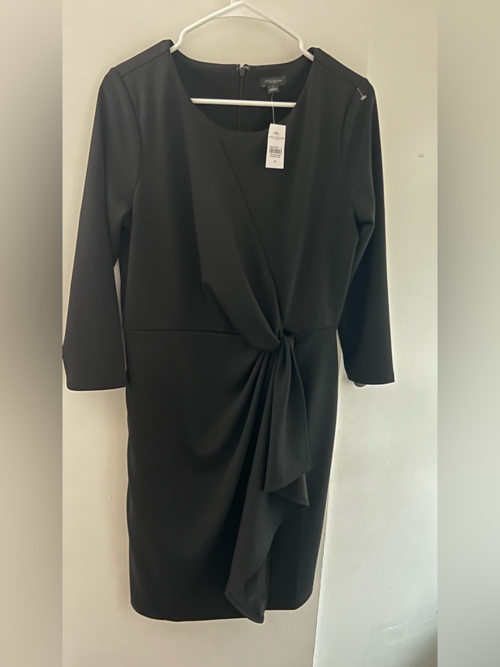Ann Taylor Black Long Sleeve Draped Knot-Front Sheath Dress